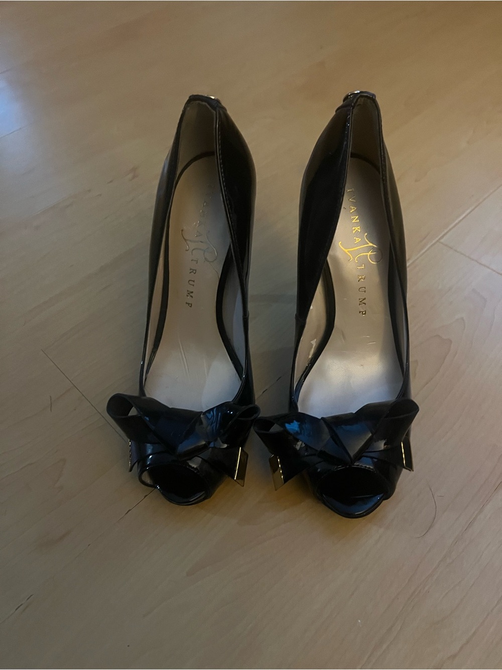 Ivanka Trump Black Patent Peep-Toe Pumps with Bow Accent